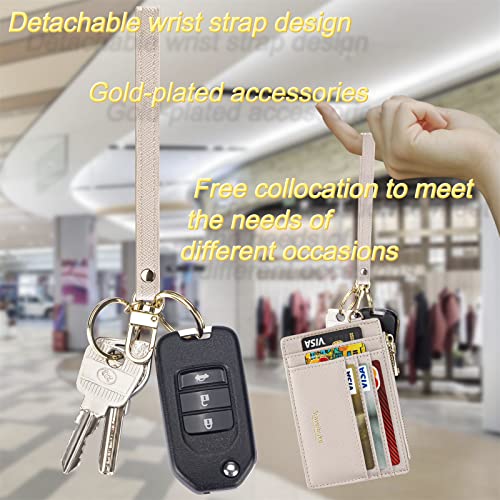 Wikavanli Women Slim Rfid Blocking Credit Card Case Holder Wristlet Zip ID Case Wallet Small Compact Leather Wallet Coin Purse with Keychain(Light Sand) - color: Light Sand
