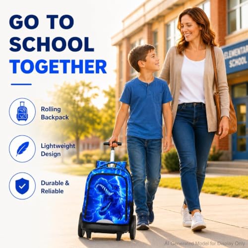 3Pcs Large Rolling Backpack for Boys, 20 Inch Detachable Wheeled Bookbag with Lunch Box, Durable Lightning Dinosaur Roller Backpack for Elementary Middle School (Blue) - color: Large Wheels Dinosaur Blue