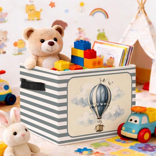 Hot Air Balloon Storage Bin, Blue Gray Stripe Foldable Fabric Basket - color: Blue Hot Air Balloon Grey
