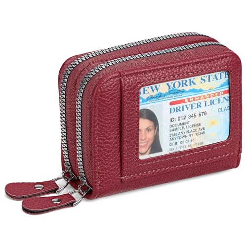 RNIEGA Credit Card Holder Wallet RFID Blocking Leather Small Wallet for Women Double Zipper Wallet with ID Window - color: A-Burgundy