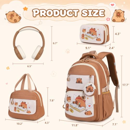 4PCS Capybara Theme Backpack for Girls with Wired Headphones | with Lunch Box & Pencil Case, Cute Girls Backpack Kawaii Bookbag for Girls Kingdergarten Teens Elementary School Student - color: Khaki