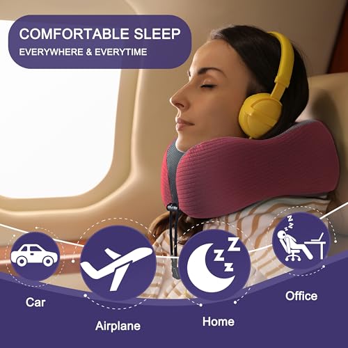 napfun Neck Pillow for Travel, Memory Foam Airplane Pillow, Burgundy - color: Burgundy