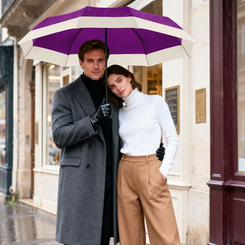 Large Golf Umbrella 54 Inch Compact Folding Auto Close Wood Handle Rain - color: Purple