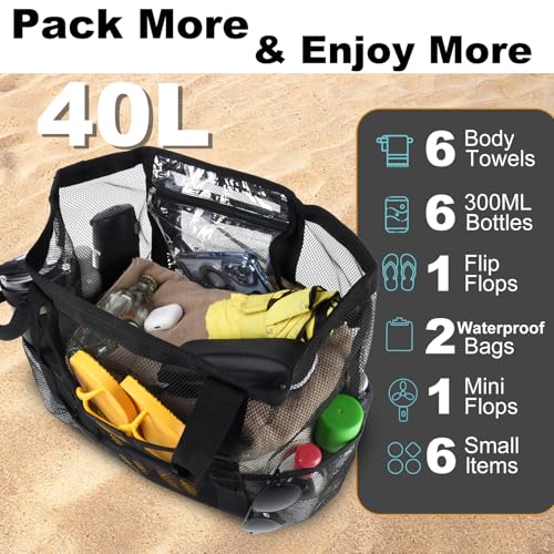 CaCTOUR Mesh Beach Bag,Large Beach Bags for Women with 8 Pockets,Packable Tote Bag for Beach Cruise Pool Vacation Essentials - color: Black