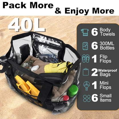 CaCTOUR Mesh Beach Bag,Large Beach Bags for Women with 8 Pockets,Packable Tote Bag for Beach Cruise Pool Vacation Essentials - color: Black