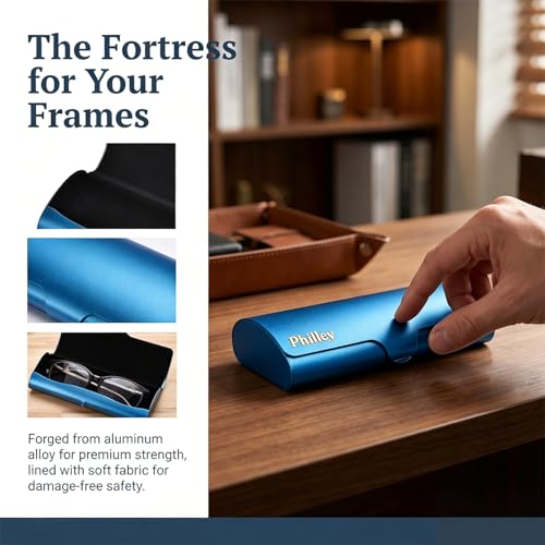 Philley Aluminum Ultra-Light Eyeglasses Slim Reading Glasses Case - color: Blue