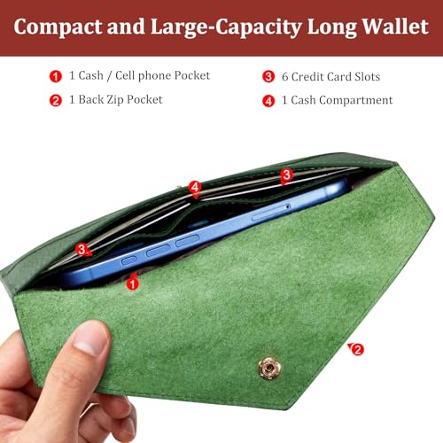 XEYOU Envelope Card Wallet for Women Genuine Leather Cash Wallet Slim Credit Card Case with Zip Coin Pocket - color: Green