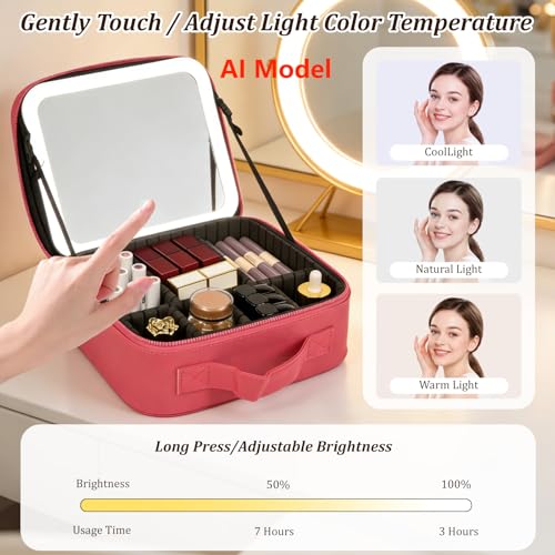 Travel Makeup Bag with Mirror & 6 Adjustable EVA Dividers, Rose Red - color: Rose Red-6 Dividers