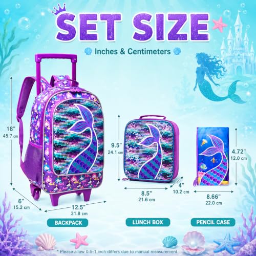 gxtvo Kids Rolling Backpack, Roller Wheels Boys Bookbag, Wheeled Suitcase Elementary School Bag-3PCS Dinosaur/Unicorn/Mermaid - color: Mermaid
