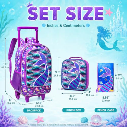 gxtvo Kids Rolling Backpack, Roller Wheels Boys Bookbag, Wheeled Suitcase Elementary School Bag-3PCS Dinosaur/Unicorn/Mermaid - color: Mermaid
