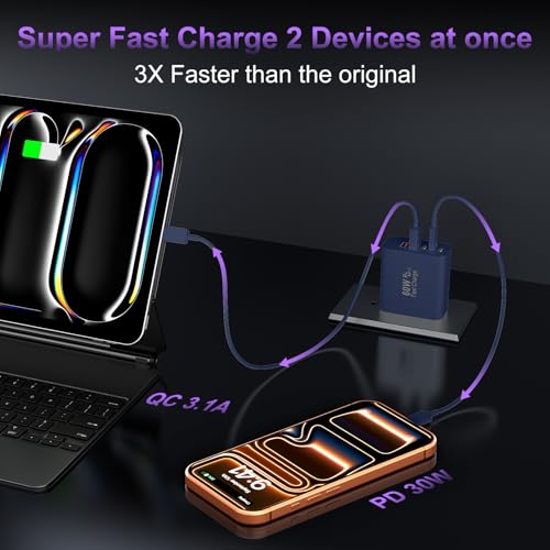 USB C 고속 벽 충전기 블록, 60W USBC 충전 큐브 2팩, 5포트 PD+QC 전원 어댑터 멀티포트 브릭 타입 C 박스 플러그 휴대폰 17/16/15/14/13/12/11/프로 맥스/플러스, 패드 미니/프로/S25/S24-딥 블루 - color: 딥 블루-2팩