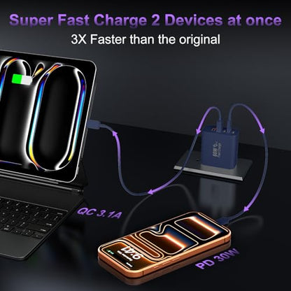 USB C 고속 벽 충전기 블록, 60W USBC 충전 큐브 2팩, 5포트 PD+QC 전원 어댑터 멀티포트 브릭 타입 C 박스 플러그 휴대폰 17/16/15/14/13/12/11/프로 맥스/플러스, 패드 미니/프로/S25/S24-딥 블루 - color: 딥 블루-2팩