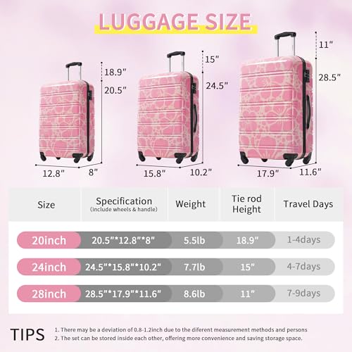 Merax Luggage Sets 3 Piece, Hardside Suitcase Set with Spinner Wheels - color: Pink Print, style: 3-piece Set(20/24/28)