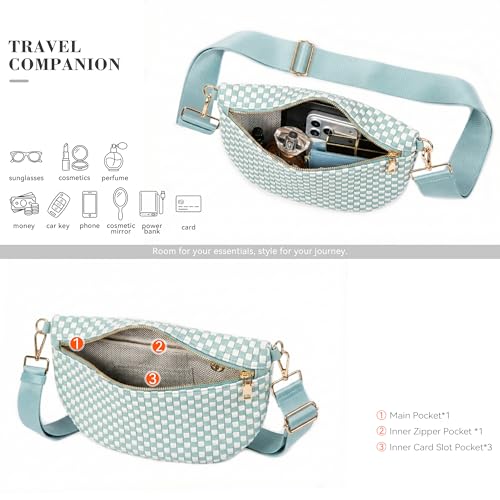Woven Crossbody Bag for Women, Checkered PU Bum Bag Sling Purse with Adjustable Strap for Travel, Festivals - color: Aqua Blue & White