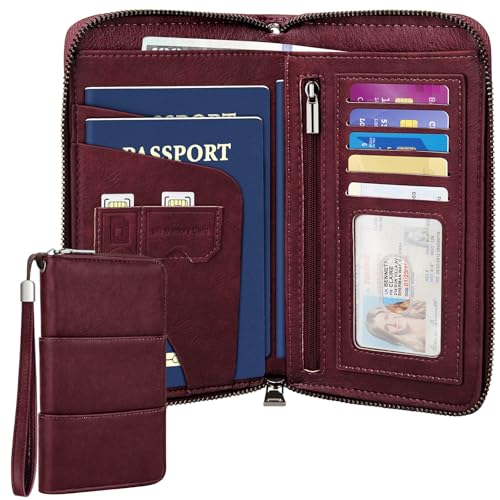 RFID Family Passport Holder Wallet - Travel Document Organizer - color: Wine Red