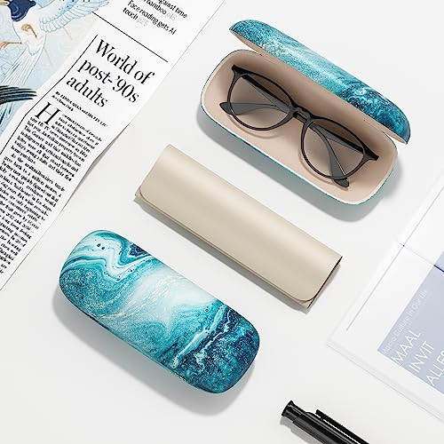 Eyeglasses Case, Hard Shell Protective Case for Glasses, Unisex for Women Men - color: Blue Ocean Marble