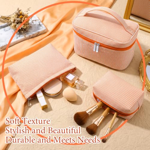 Huhumy 3Pieces Cute Seersucker Makeup Bag Set for Women, Orange, Stripe - color: Orange, style: Stripe