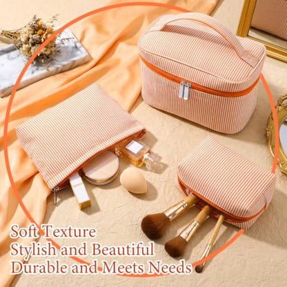 Huhumy 3Pieces Cute Seersucker Makeup Bag Set for Women, Orange, Stripe - color: Orange, style: Stripe