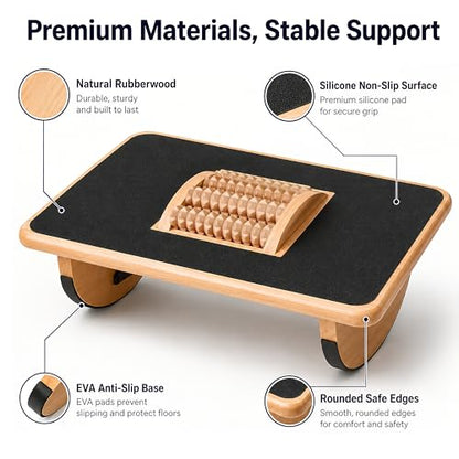 Foldable Under Desk Foot Rest, Wooden Rocking Footrest with 4 Massage Rollers, Natural Rubber Wood Ergonomic Foot Stool with Silicone Anti-Slip Surface, Office Home Study Footrest for Post