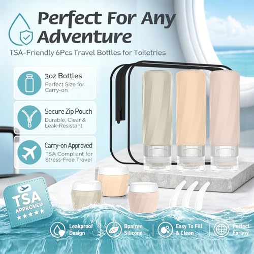 6Pcs Travel Bottles for Toiletries, Silicone Travel Size Containers Set - color: CREAM