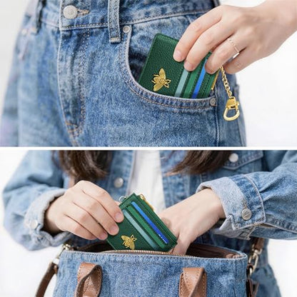 SEAVILIA Credit Card Holder Small Keychain Wallet for Women RFID Blocking - color: Litchi Green