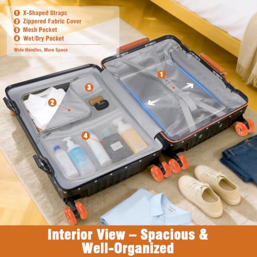Xtaeptos 20 Inch Wide Handle Carry on Luggage with Double Spinner Wheels - color: Black + Orange