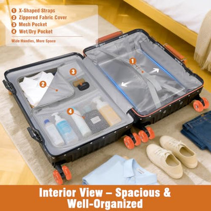 Xtaeptos 20 Inch Wide Handle Carry on Luggage with Double Spinner Wheels - color: Black + Orange