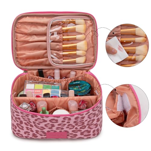 Wrangler Travel Makeup Bag 2pcs Set Cosmetic Bag with Makeup Brush Holder - color: Leopard-Pink