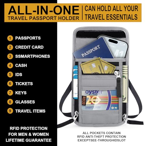 Neck Wallet for Travel-Passport Holder-Money Pouch-RFID Blocking - color: Grey