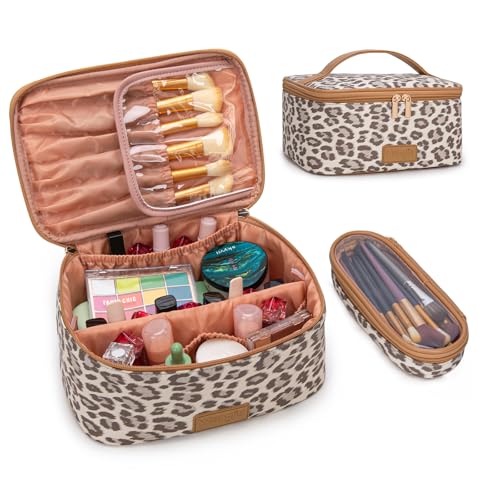 Wrangler Travel Makeup Bag 2pcs Set Cosmetic Bag with Makeup Brush Holder - color: Leopard-Khaki