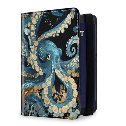 RFID Security Premium Passport and Travel Document Holder Combo, Slim PU Leather Folio Wallet with 3 Card Slots & Boarding Pass Pocket, Secure Elastic Closure Organizer, Blue Octopus - color: Blue Octopus