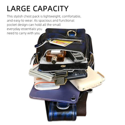 Genuine Leather Hiking Travel DayPack Sling Crossbody Triangle Chest Pack Bag For Men Women 8241 (D-8241 Blue) - color: D-8241 Blue