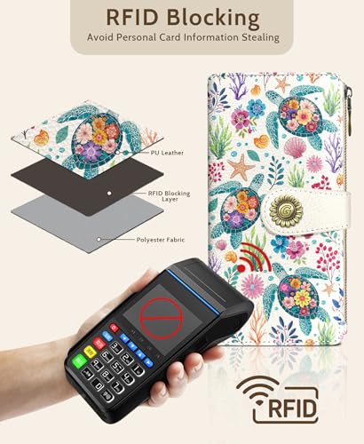 GIANCOMICS Sea Turtle Women Wallet RFID Blocking, Credit Card Holder Bifold - color: Sea Turtles with Flowers