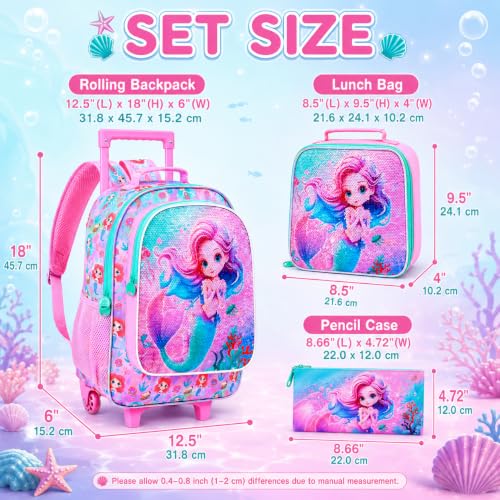 KLFVB Rolling Backpack for Girls Boys, Kids Roller Wheels School Bookbag with Lunch Bag, Wheeled School Bag for Children - color: Reversible Sequins Mermaid Rolling Backpack Set