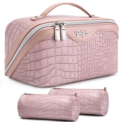 BOYATU Travel Makeup Bag Cosmetic Bags for Women: 3 Pcs Set Large Capacity Make up Bag with Handle - Crocodile Pattern Vegan Leather Toiletry Bags Travel Essentials with Compartments((E-4-Pink) - color: E-4-Pink