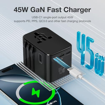 45W Universal Travel Adapter – Compact Plug with 3 USB-C & 2 USB-A Ports for EU/UK/US/AU, International Power Adapter Worldwide Charger, CE/FCC/RoHS Certified (Purple) - color: Purple