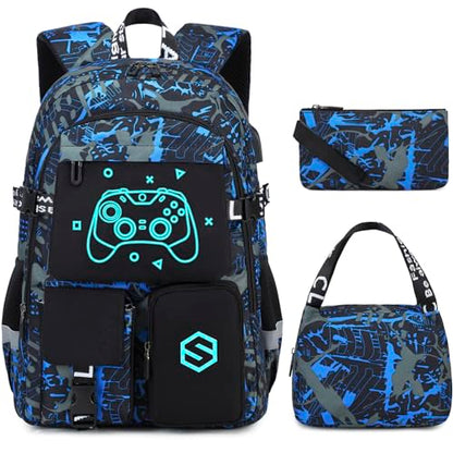 Scothen Boys Backpack, Cool Luminous Kids School Backpacks with Lunch Bag - color: Blue Print