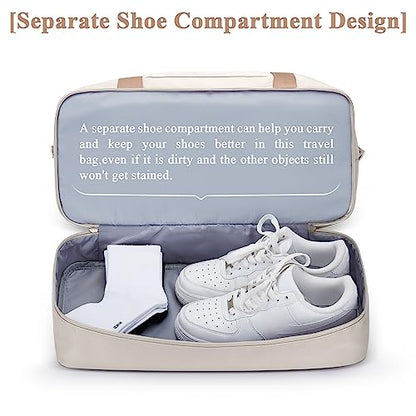 Travel Duffel Bag with Shoes Compartment, Weekender Bags for Women - color: A-Beige & Brown, size: Extra Large