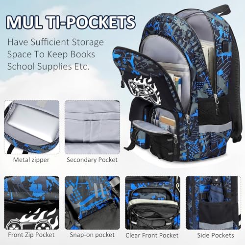 School Backpack for Boys - 4pcs Gamer Boys Backpack with Lunch Box Set for Kids Teens Elementary Middle High School,18″ Large Capacity Students Bookbag with Usb Charging Port & Key-chain - color: Blue-game03-set