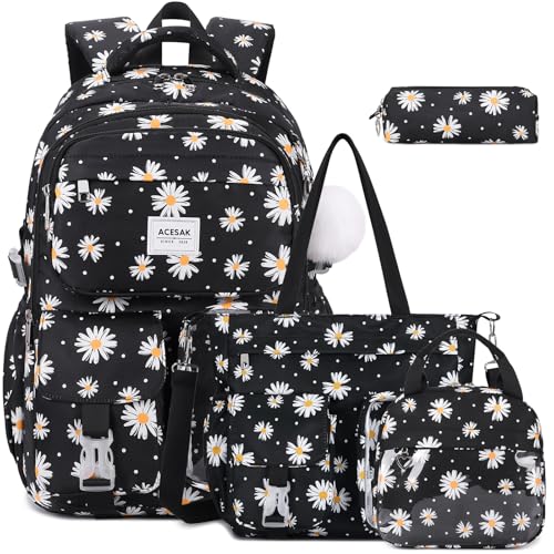 ACESAK Backpack for Girls with Tote Bag (Black Daisy) - color: Black Daisy