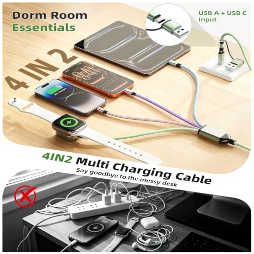 Camping Essentials 4 in 2 Multi Charging Cable for Apple Watch Charger 5FT - color: Green&Pink&Purple&Blue, size: AC to 2C+L+iWatch