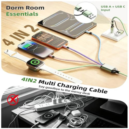 Camping Essentials 4 in 2 Multi Charging Cable for Apple Watch Charger 5FT - color: Green&Pink&Purple&Blue, size: AC to 2C+L+iWatch