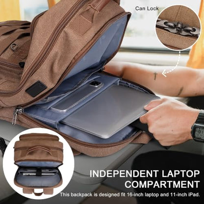 WITZMAN Canvas Travel Backpack for Men Multiple Pockets - color: Brown