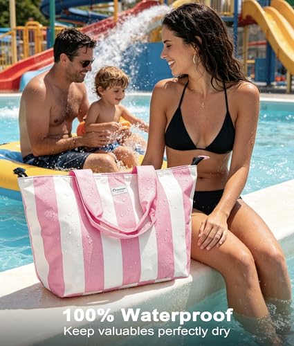 Oceanae Beach Bags Waterproof Sandproof, XL Large Pool Tote Bag with Zipper for Women - color: Mint Green + White