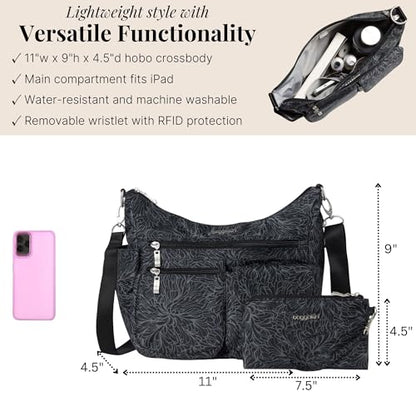 Baggallini Modern Everywhere Crossbody Bag for Women 11x9x4.5 Rfid Hobo Bag - color: Midnight Blossom Print