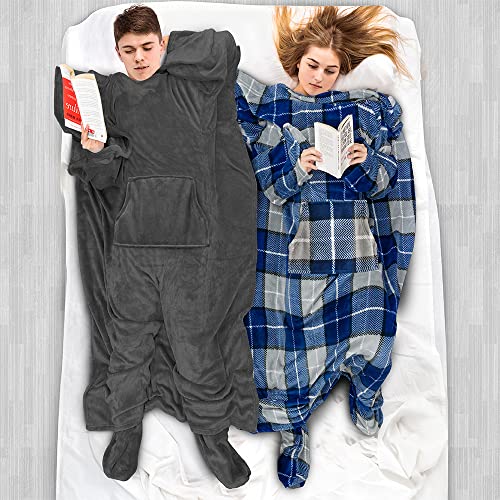 PAVILIA Fleece Blanket with Sleeves, Foot Pockets for Women Men, Plaid Blue - color: Plaid Navy, size: Fleece