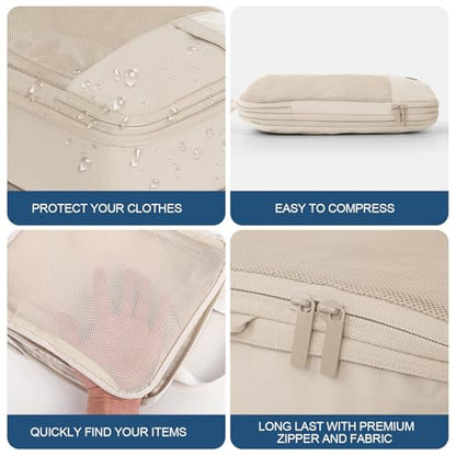 Compression Packing Cubes for Travel - Double Zipper Luggage Organizer Bags for Suitcases (6-Pack, Beige) - color: Beige