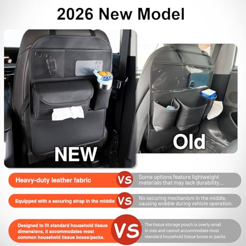 Car Back Seat Organizer, PU Leather Backseat Organizer with Cup Holder, Tissue Box Holder & Storage Pockets for SUV, Truck, Sedan - Kick Mat Full Protection