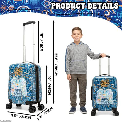 Kid's Luggage Set 4 Piece Suitcase Set 16" Hardside Luggage with Spinner Wheels Boys Carry on Toddler Travel Rolling Suitcase Airline Approved - color: Blue Game Console