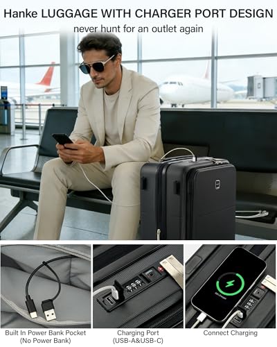 Hanke 24 Inch Expandable Checked Luggage, Medium Trunk Luggage - color: Jet Black, size: Expandable 24 Inch